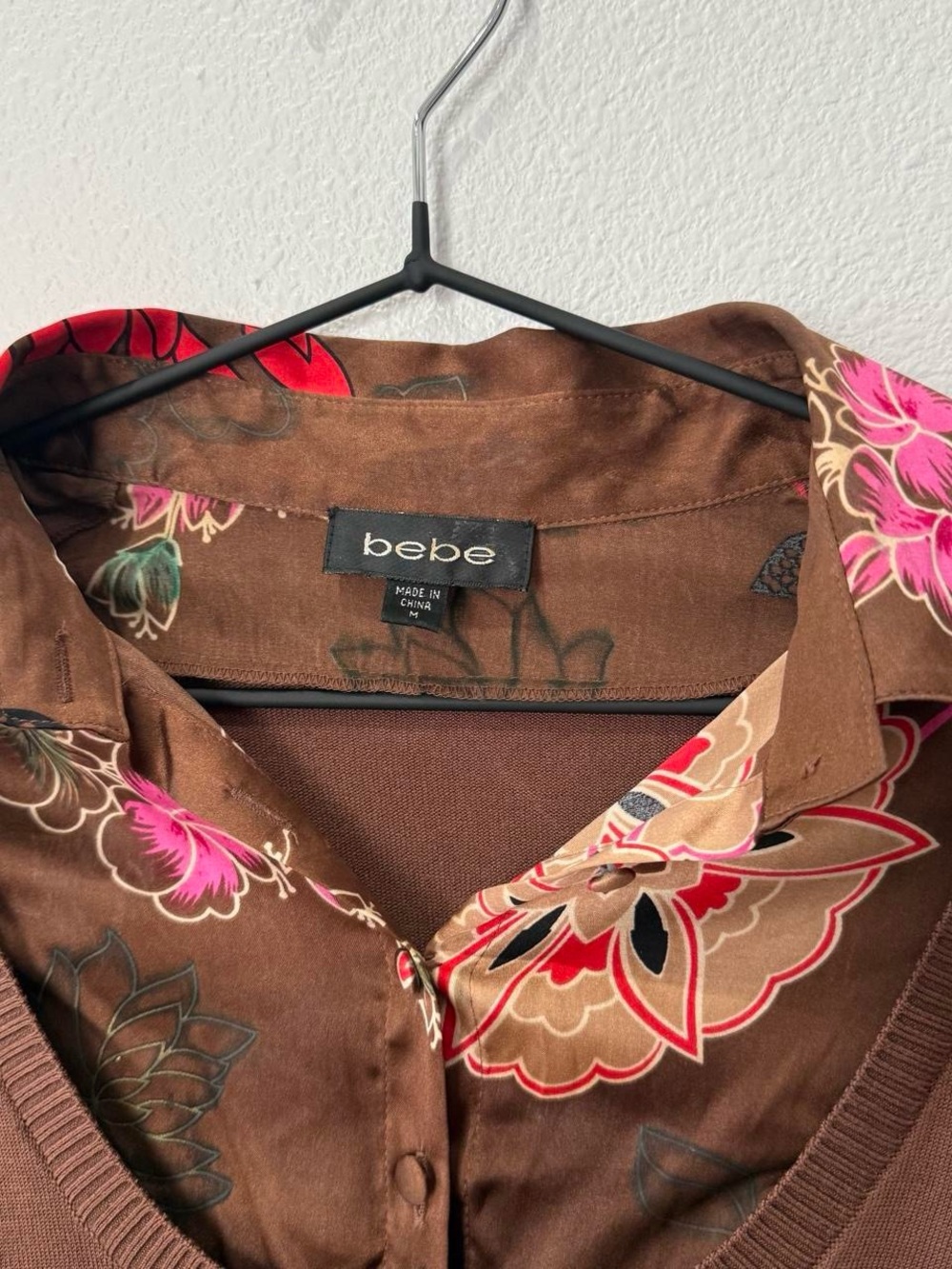Y2K Baby Doll silk floral empire waist office siren Bebe brown silk blouse - Picture 3 of 8